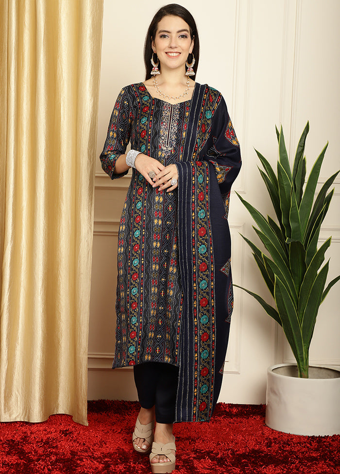 3 Pc Navy Blue Unstitched Pashmina Suit Set Pices Online