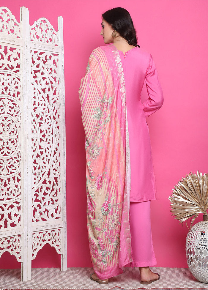 3 Pc Pink Unstitched Silk Suit Set Sale With Mastercard