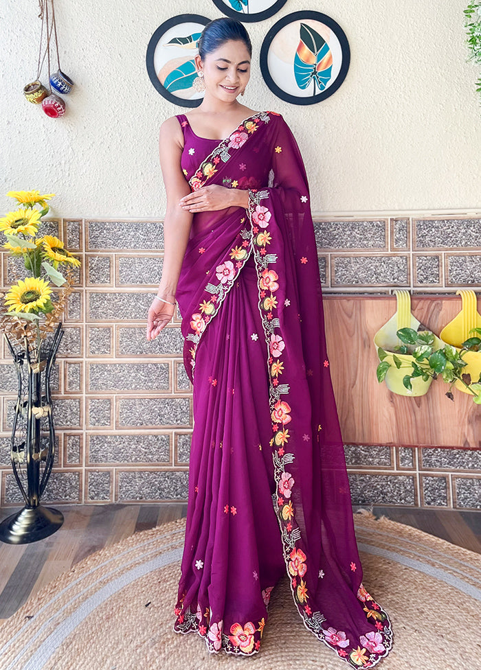 Wine Georgette Saree With Blouse Piece 2025 New Cheap Pice