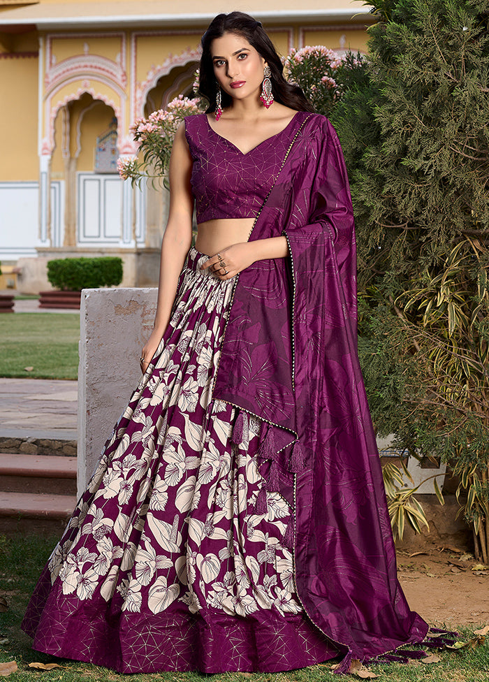 3 Pc Wine Silk Semi Stitched Lehenga Set Sale View