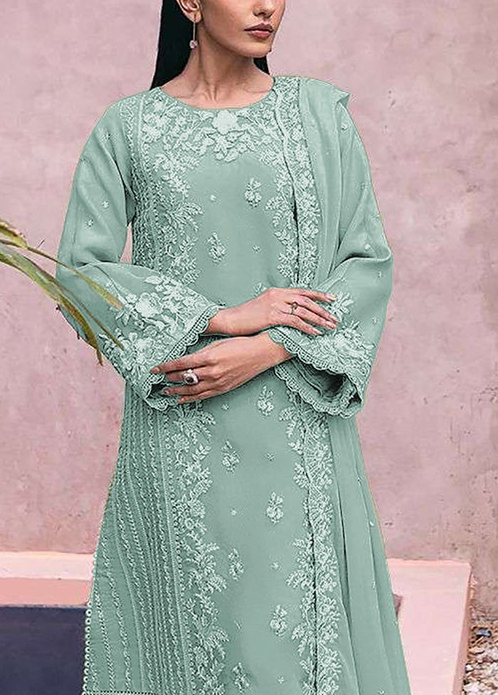 3 Pc Sea Green Semi Stitched Georgette Suit Set Shipping Discount Authentic