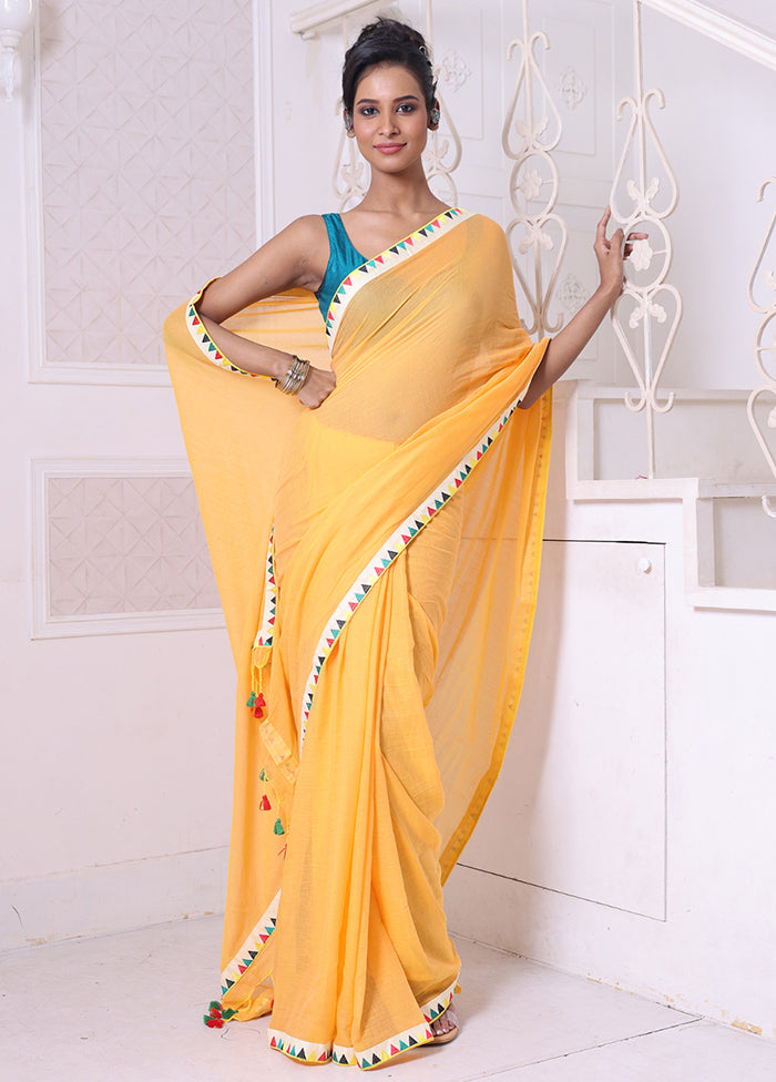 Yellow Cotton Solid Saree Without Blouse Piece Get Authentic Cheap Pice