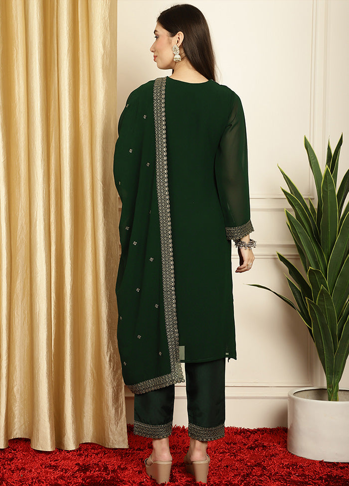 3 Pc Green Readymade Georgette Dupatta Suit Set For Nice Cheap Online