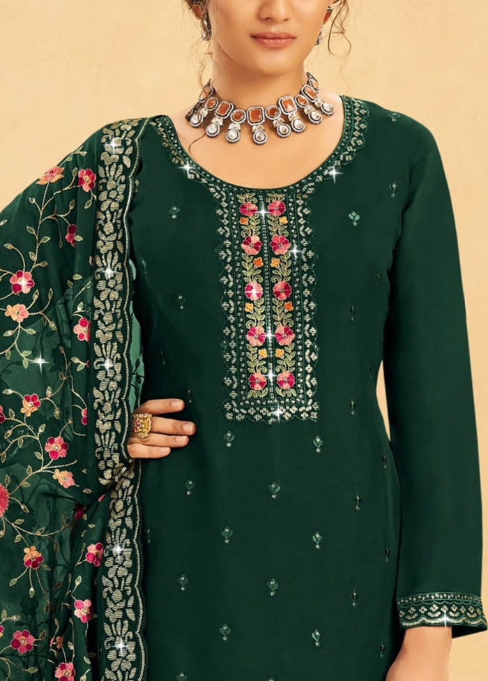 3 Pc Dark Green Semi Stitched Real Organza Suit Set Shop Offer For Sale