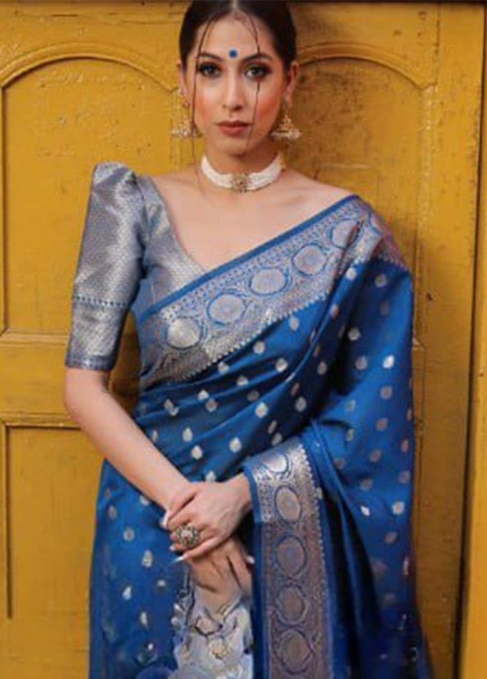 Blue Banarasi Silk Saree With Blouse Piece Outlet Pices