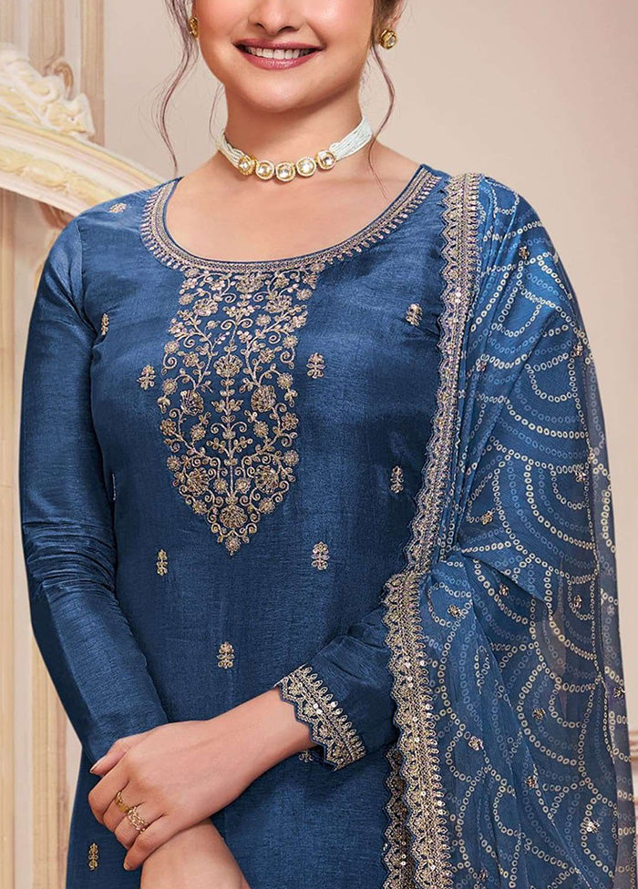 3 Pc Blue Semi Stitched Georgette Suit Set Latest Collections Cheap Pice