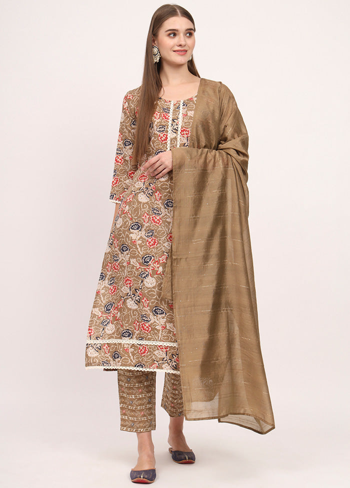 3 Pc Brown Readymade Cotton Dupatta Suit Set Cheap Sale Excellent