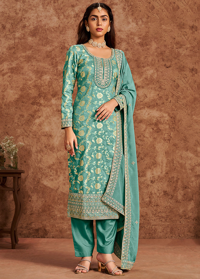 3 Pc Sea Green Semi Stitched Silk Suit Set Clearance Pick A Best