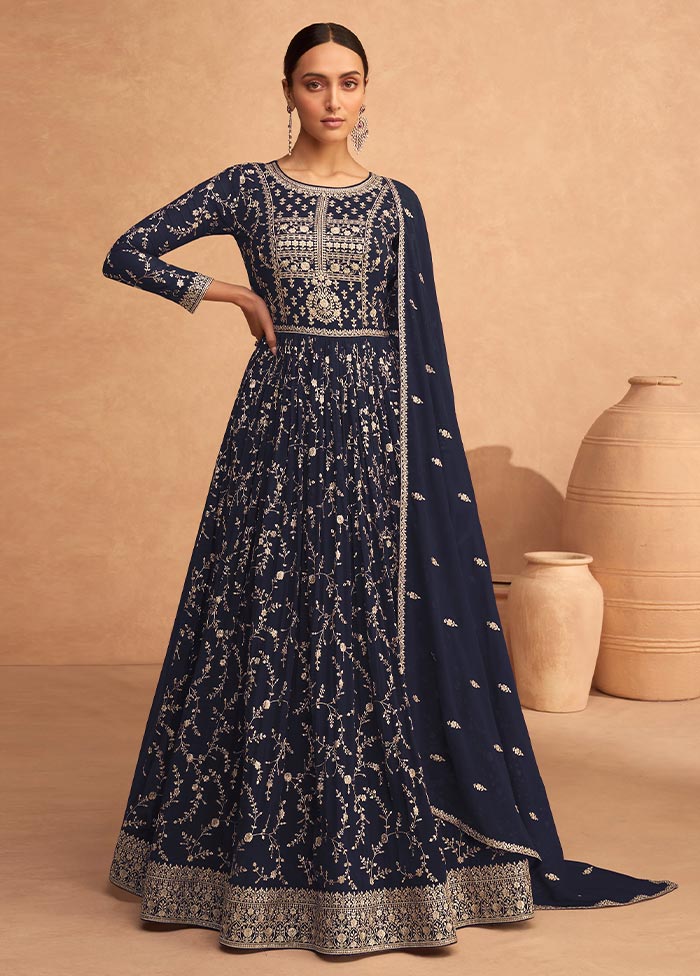 3 Pc Navy Blue Semi Stitched Georgette Suit Set Cheap With Credit Card