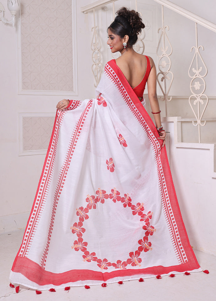 White Cotton Hibiscus Print Saree Without Blouse Piece Genuine Cheap Pice