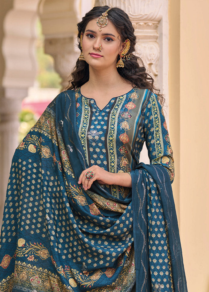 3 Pc Navy Blue Unstitched Silk Suit Set Latest Collections