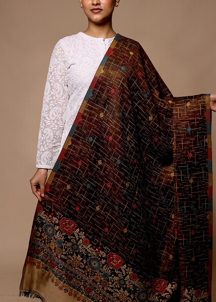 Brown Butta Work With Zari Woven Border Shawl For Sale For Sale