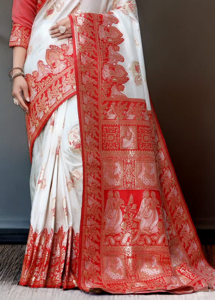 White Banarasi Silk Saree With Blouse Piece Clearance Manchester