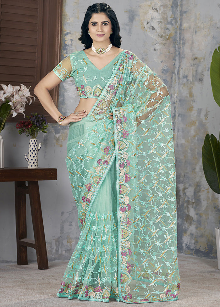 Sea Green Net Net Saree With Blouse Piece Cheap Sale Enjoy