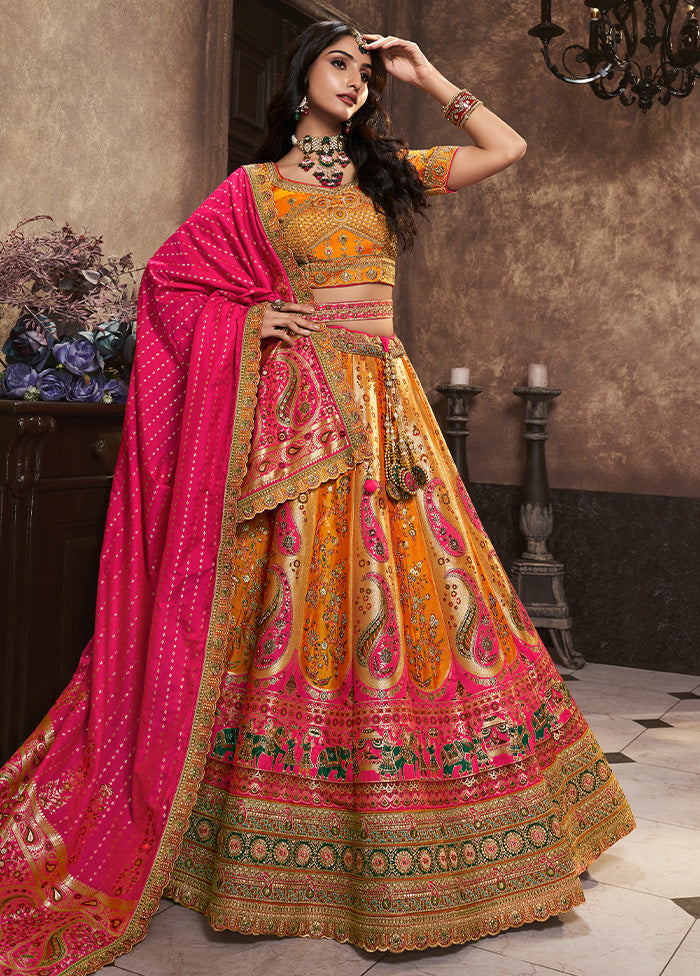 3 Pc Yellow Silk Semi Stitched Lehenga Set Popular Sale Online