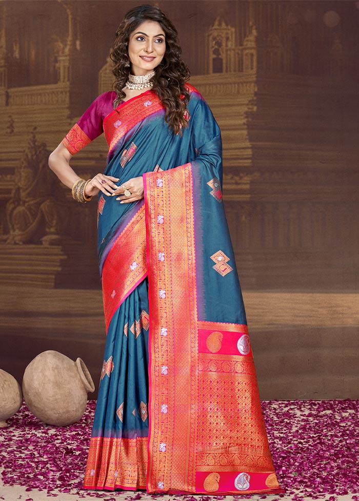 Blue Dupion Silk Saree With Blouse Piece Free Shipping Outlet