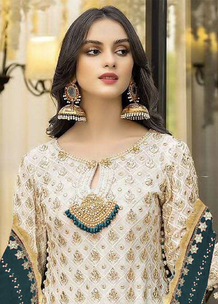 3 Pc Cream Semi Stitched Georgette Suit Set Free Shipping Online