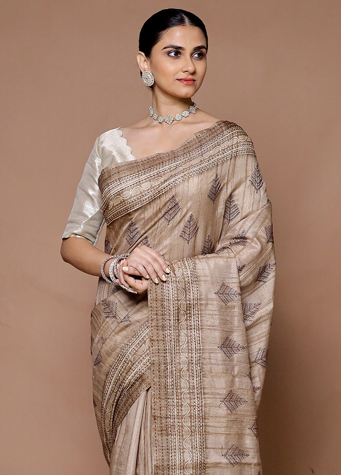 Cream Tussar Silk Saree With Blouse Piece Buy Cheap Recommend