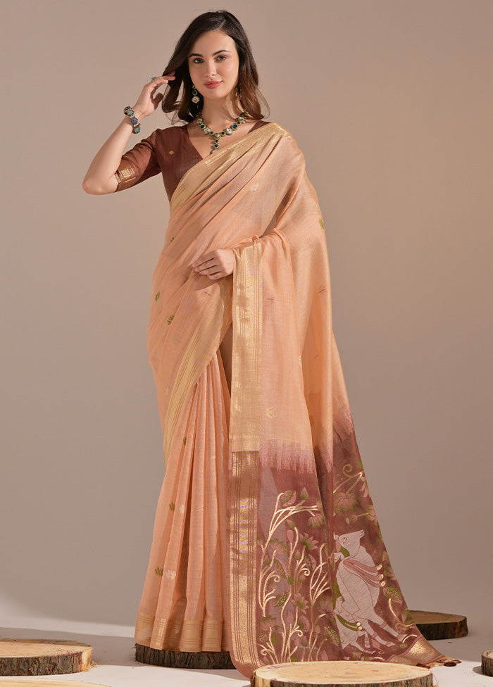 Peach Pure Cotton Saree With Blouse Piece Outlet For Sale