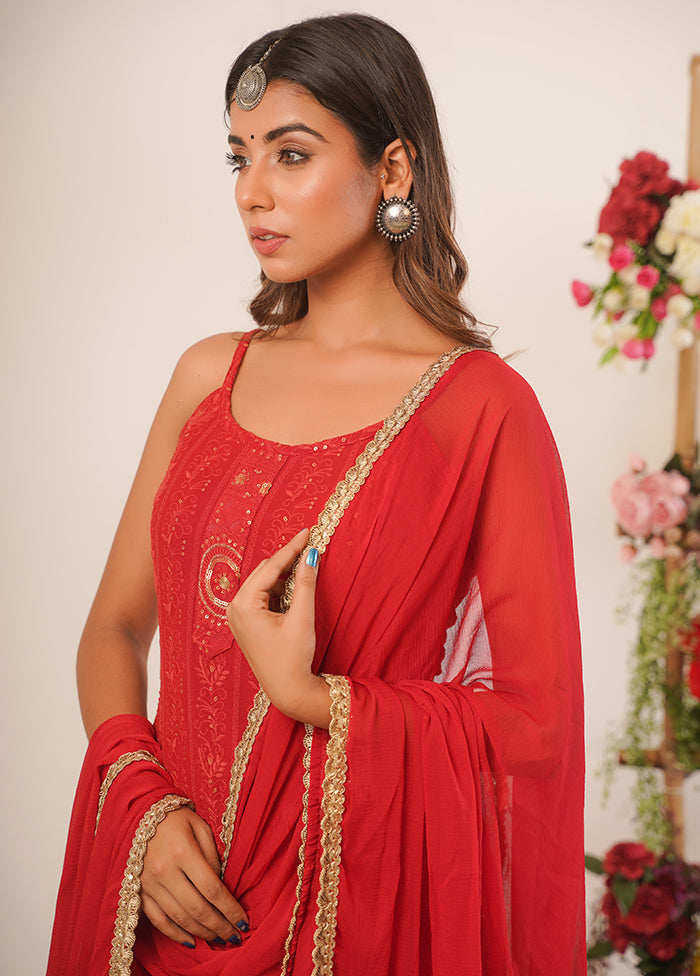 3 Pc Red Pure Georgette Hand Crafted Suit Set Marketable For Sale