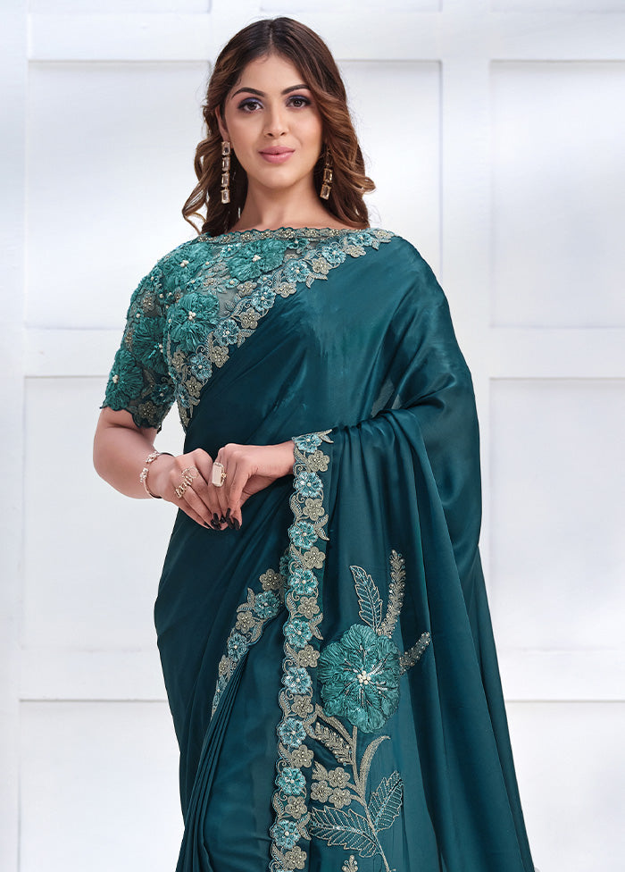 Teal Crepe Silk Saree With Blouse Piece Cheap Sale Good Selling