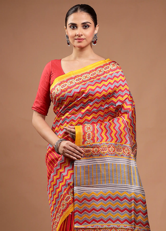 Yellow Printed Pure Silk Saree Without Blouse Piece Cheap Sale Wiki