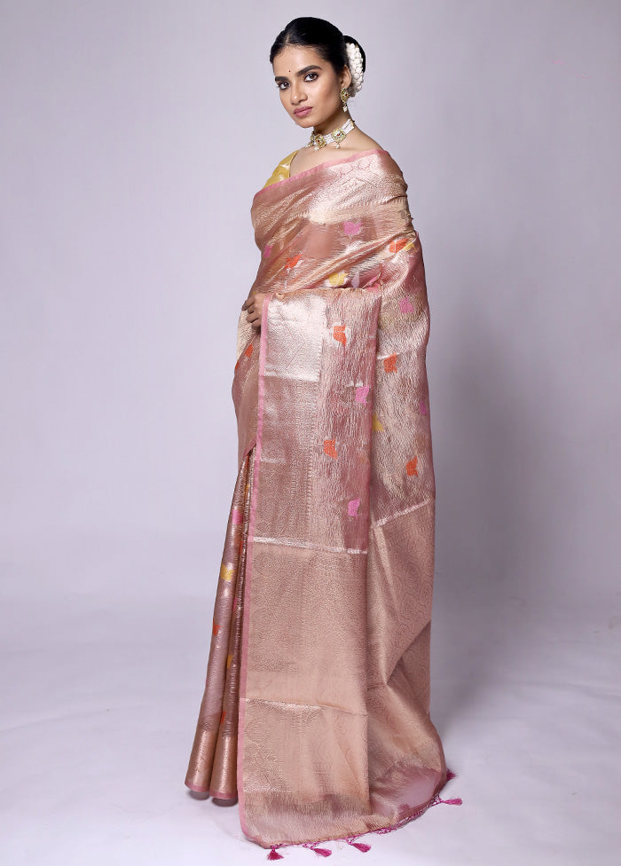 Peach Crushed Tissue Silk Saree With Blouse Piece Cheap Pice For Sale