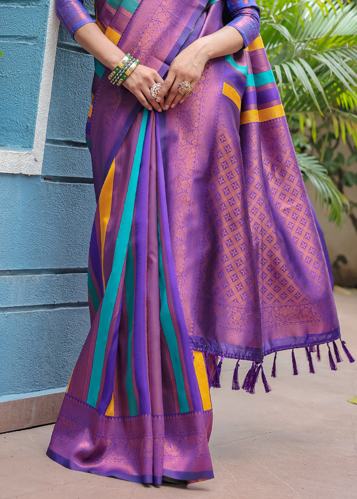 Purple Kanjivaram Silk Saree With Blouse Piece Perfect Cheap Pice