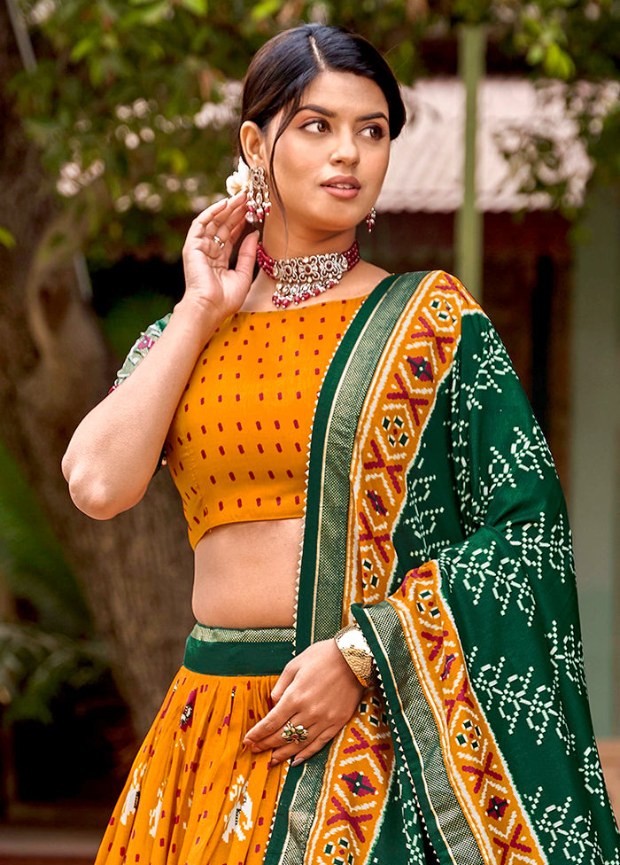 3 Pc Mustard Silk Semi Stitched Lehenga Set Best Seller For Sale