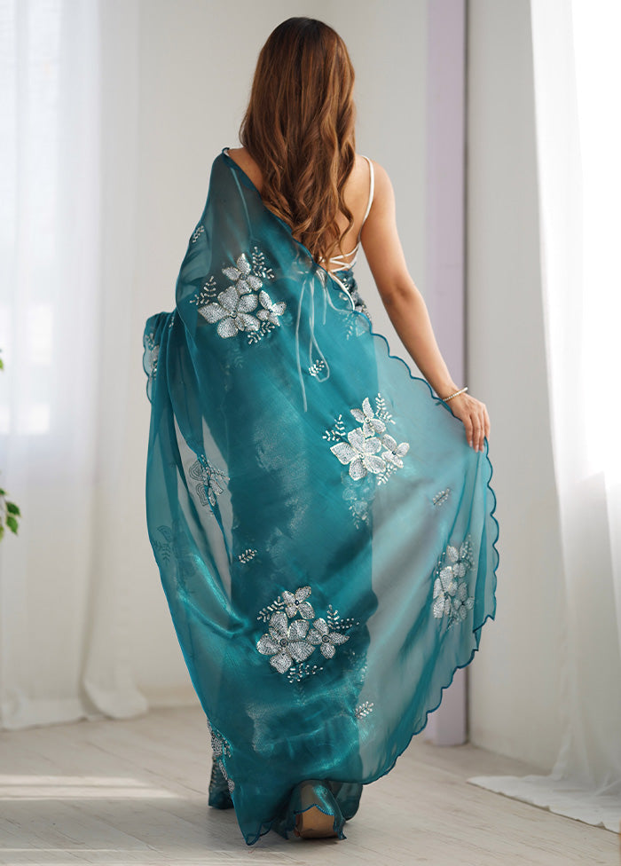 Rama Spun Silk Saree With Blouse Piece Deals