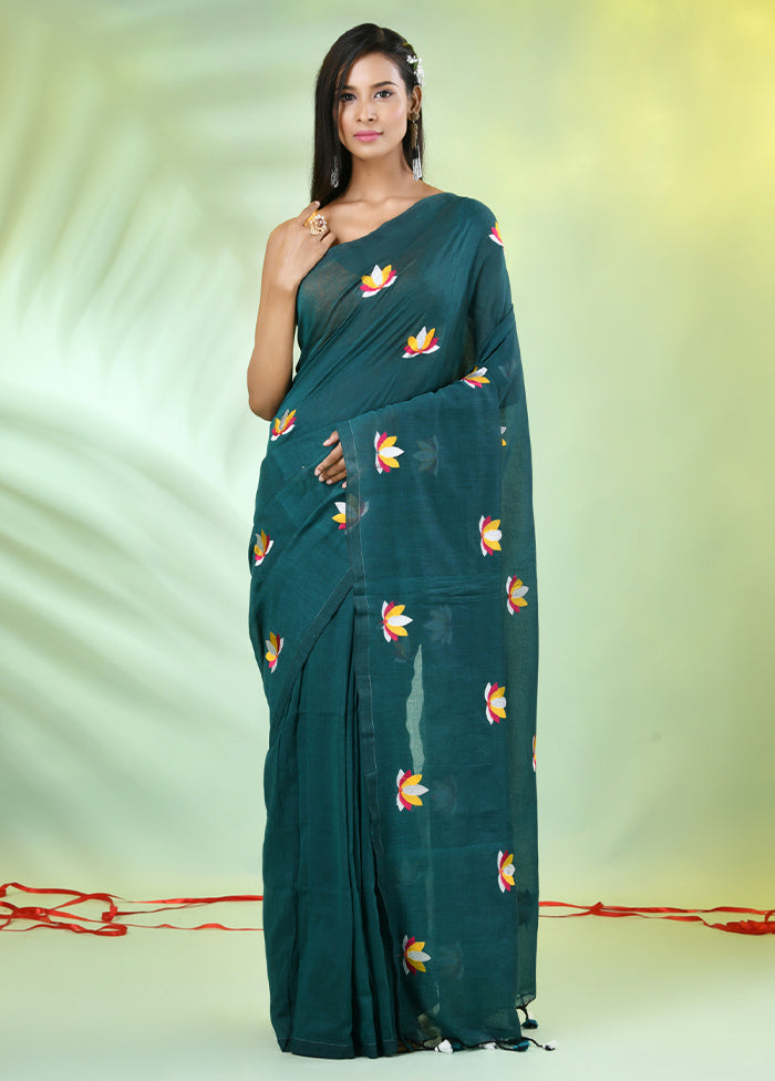 Teal Green Cotton Saree With Blouse Piece Cheap Pice