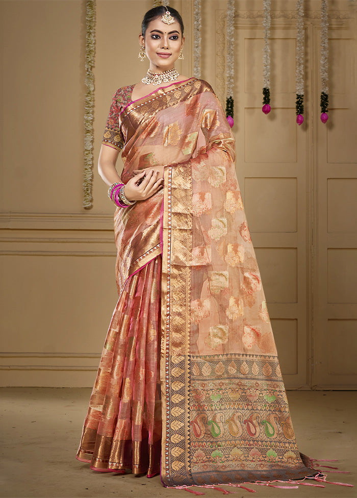 Peach Organza Saree With Blouse Piece Outlet Footlocker Finishline