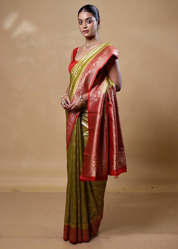 Green Dupion Silk Saree With Blouse Piece 100% Authentic For Sale