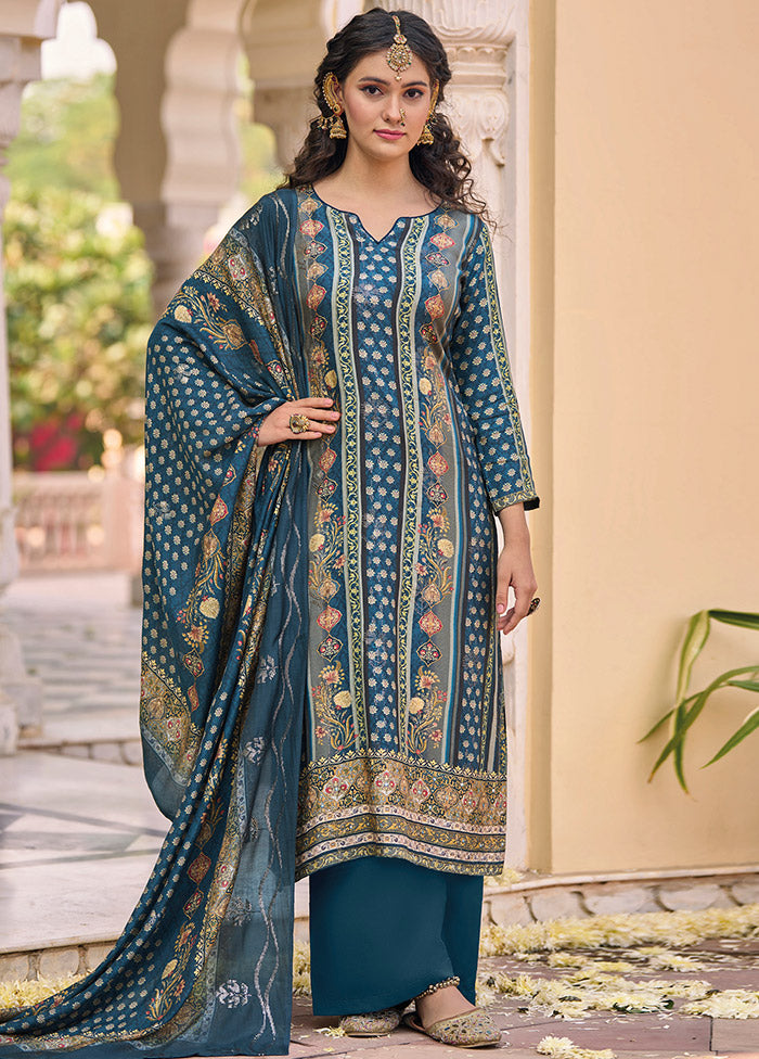 3 Pc Navy Blue Unstitched Silk Suit Set Latest Collections