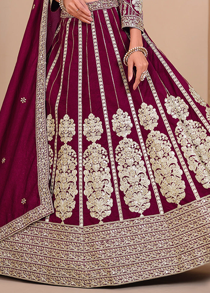 3 Pc Burgundy Silk Semi Stitched Lehenga Set Cheap Cost