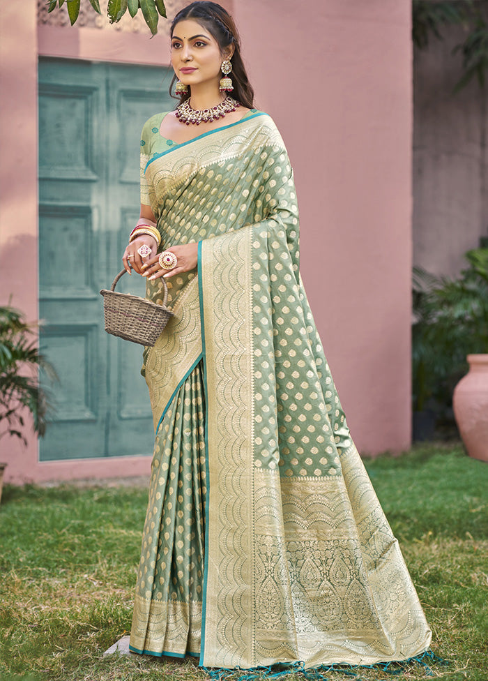 Green Spun Silk Saree With Blouse Piece Cheap Sale Supply