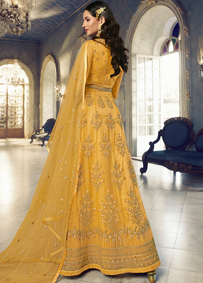 2 Pc Yellow Net Ethnic Dress With Dupatta Sale Enjoy