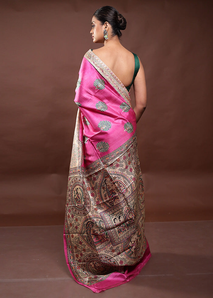 Pink Printed Pure Silk Saree Without Blouse Piece Quality Original