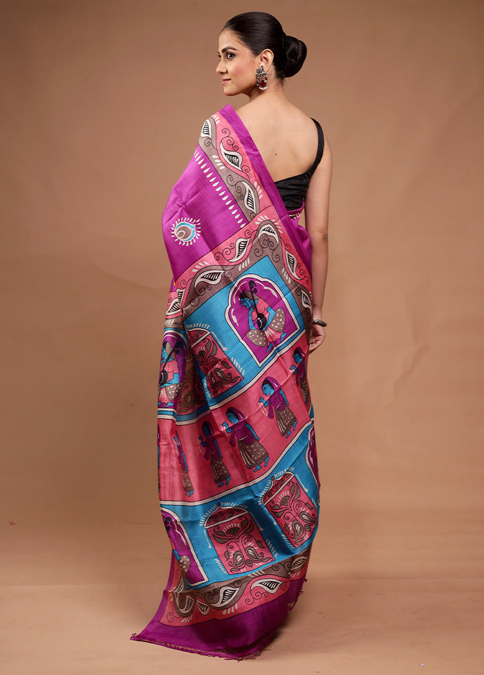 Purple Printed Pure Silk Saree Without Blouse Piece Real Online