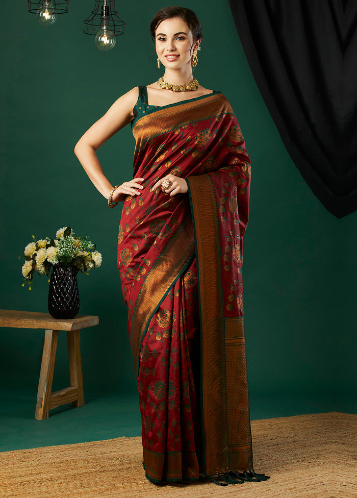 Maroon Banarasi Silk Saree With Blouse Piece Clearance Extremely