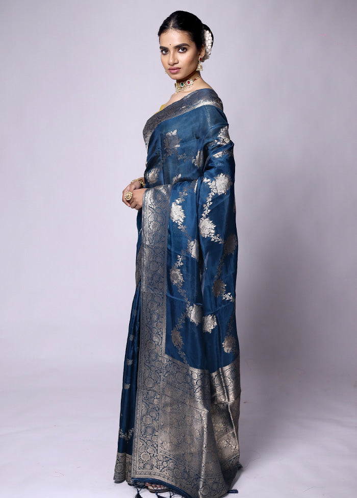 Blue Dupion Silk Saree With Blouse Piece Get To Buy