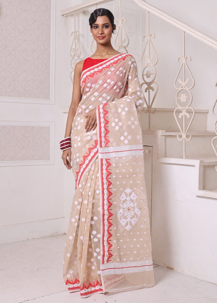 Beige Pure Cotton Texture Saree Without Blouse Piece Discount View