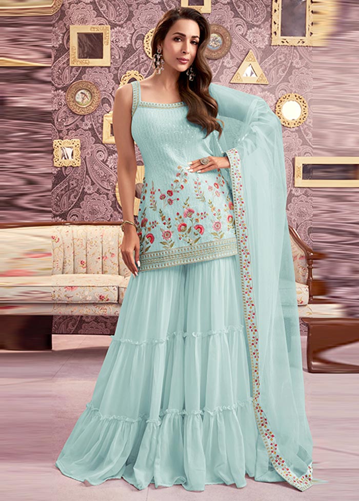 3 Pc Sky Blue Semi Stitched Georgette Suit Set Outlet With Credit Card