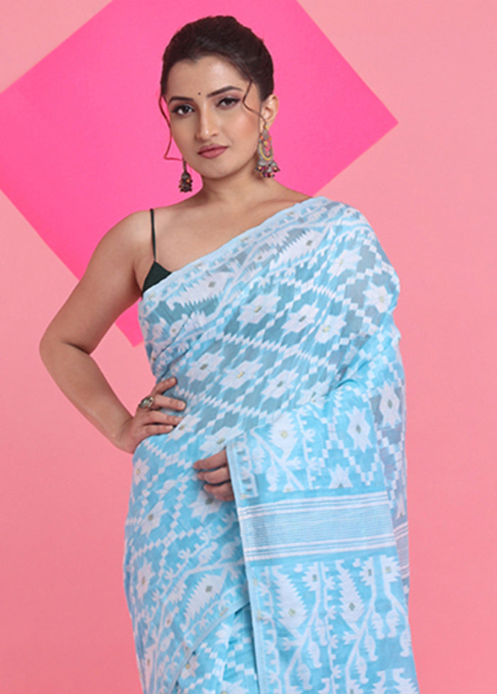 Sky Blue Cotton Woven Work Saree Without Blouse Piece Cheap Sale Huge Surprise