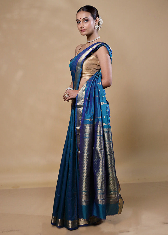 Blue Kanjivaram Silk Saree With Blouse Piece Supply Sale Online