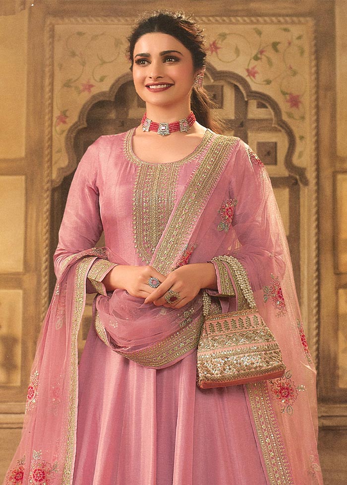 3 Pc Pink Semi Stitched Silk Suit Set Free Shipping Pick A Best