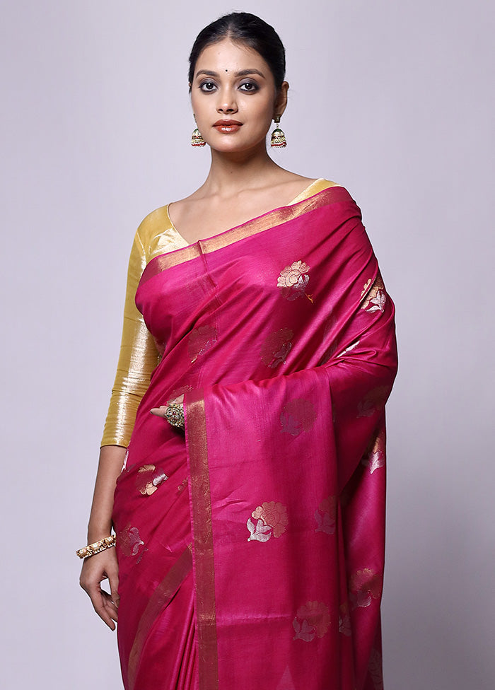 Pink Handloom Tussar Pure Silk Saree With Blouse Piece Sale 2025 Unisex