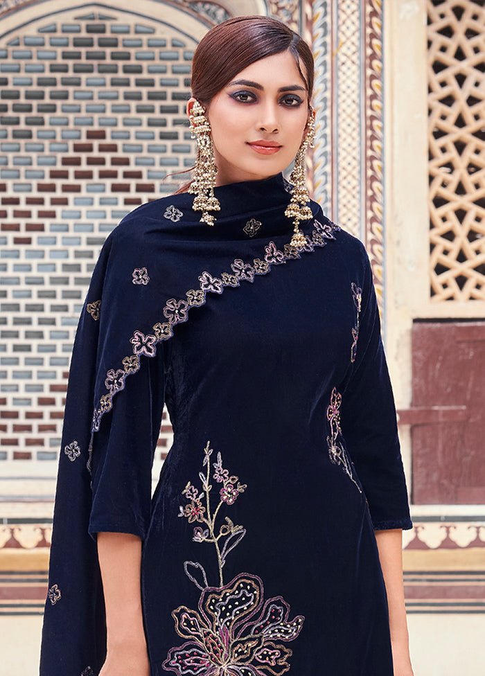 3 Pc Navy Blue Unstitched Velvet Suit Set Geniue Stockist Cheap Pice