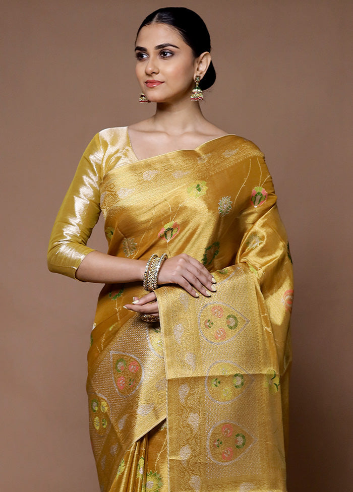 Golden Tissue Silk Saree With Blouse Piece Quality Original