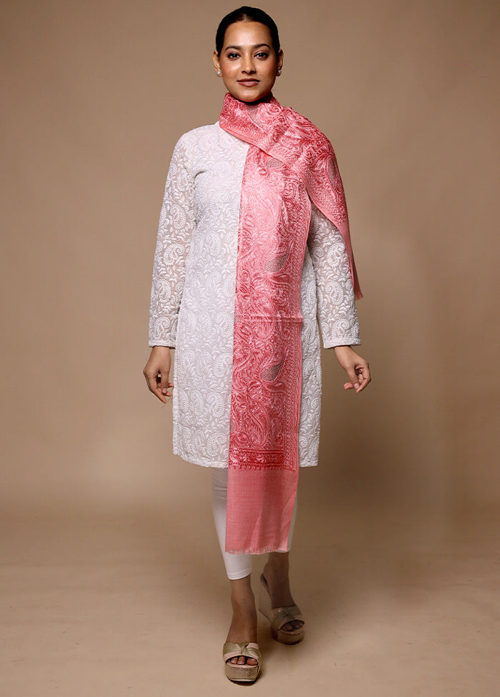 Pink Butta Work With Zari Woven Border Shawl Outlet View